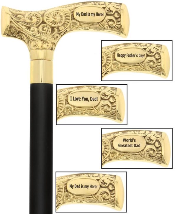 Scratch and Dent Father s Day Engraved Fritz Handle Walking Cane W  Black Beechwood Shaft and Aluminum Gold Collar V2217 Hot on Sale