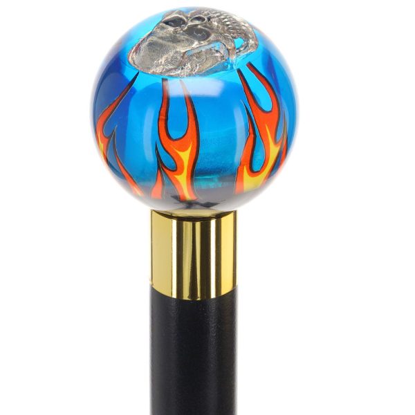 Blue Flame with Skull Round Knob Cane w  Custom Wood Shaft & Collar Sale - Image 4