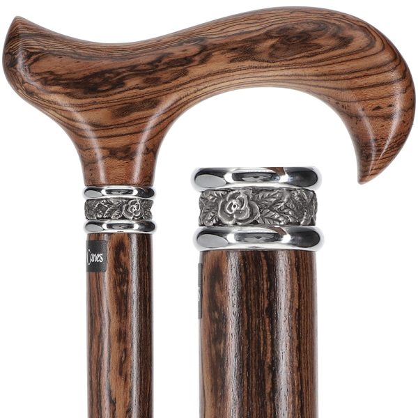 Scratch and Dent Derby Walking Cane With Genuine Bocote Wood Shaft and Pewter Rose Collar V2101 For Cheap