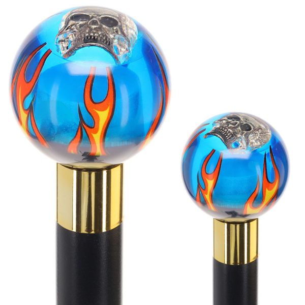 Blue Flame with Skull Round Knob Cane w  Custom Wood Shaft & Collar Sale